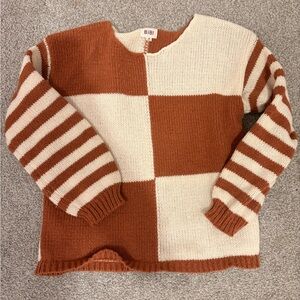 BiBi Women's Checkered and Striped Sweater - Rust and Cream